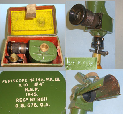  British WW2 1945 No.14A MK III x 10 Brass Trench Periscope By HGP With Sun Visor No.14A MK III x 10 Brass Trench Periscope By HGP With Sun Visor & Screw Off Wood Sight & Optic