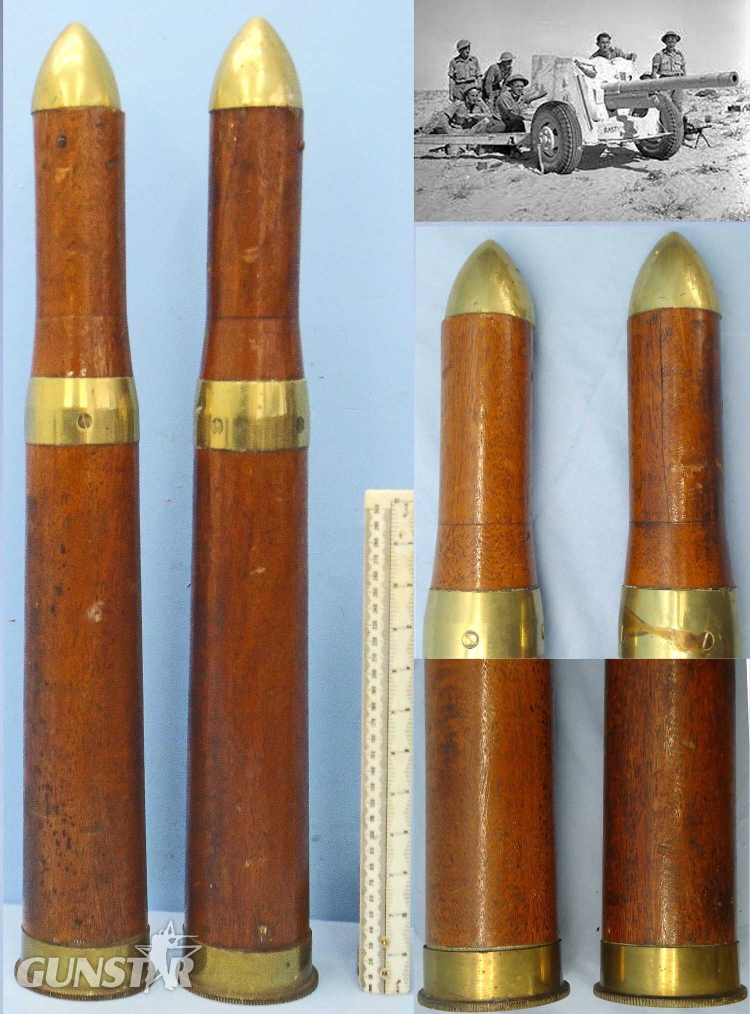 DEACTIVATED INERT. PAIR of WW2 British 1942 Dated 6pr7cwt (57x441R) Tank and Anti-Tank Gun Wood And Brass Drill Rounds. - 23301 DEACTIVATED INERT. PAIR of WW2 British 1942 Dated 6pr7cwt (57x441R) Tank and Anti-Tank Gun Wood And Brass Drill Rounds. - 23301 Various Other Ammunition in 