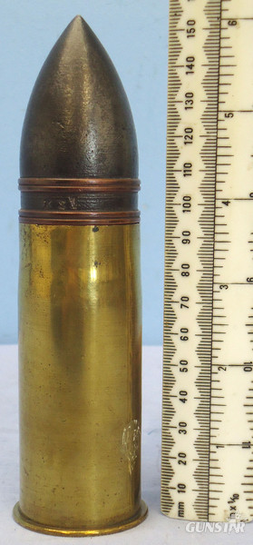 DEACTIVATED INERT. French WW, 1918 Dated French 37mm (37 x 94R) Pom Pom Solid Shot Round. - O 1905 DEACTIVATED INERT. French WW, 1918 Dated French 37mm (37 x 94R) Pom Pom Solid Shot Round. - O 1905  Other Ammunition in 
