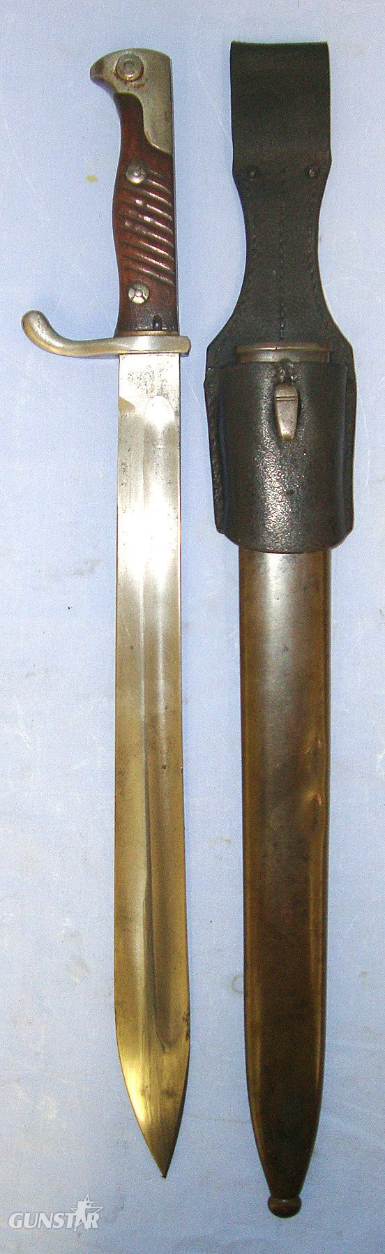 WW1 1915 Imperial German Haenel Model 98/05 'Butcher Bayonet' For Mauser Infantry Service Rifles & Steel Scabbard With 1916 Kern Klager & Cie Neu-Ulm Leather Frog Regiment Marked ‘6.J.R’ (6th Infantry Regiment). BAYO 501  Bayonet in 