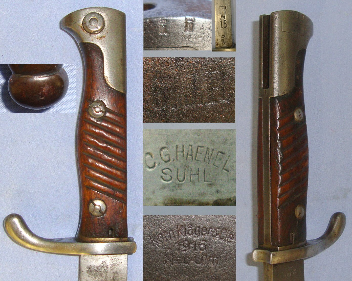 WW1 1915 Imperial German Haenel Model 98/05 'Butcher Bayonet' For Mauser Infantry Service Rifles & Steel Scabbard With 1916 Kern Klager & Cie Neu-Ulm Leather Frog Regiment Marked ‘6.J.R’ (6th Infantry Regiment). BAYO 501  Bayonet