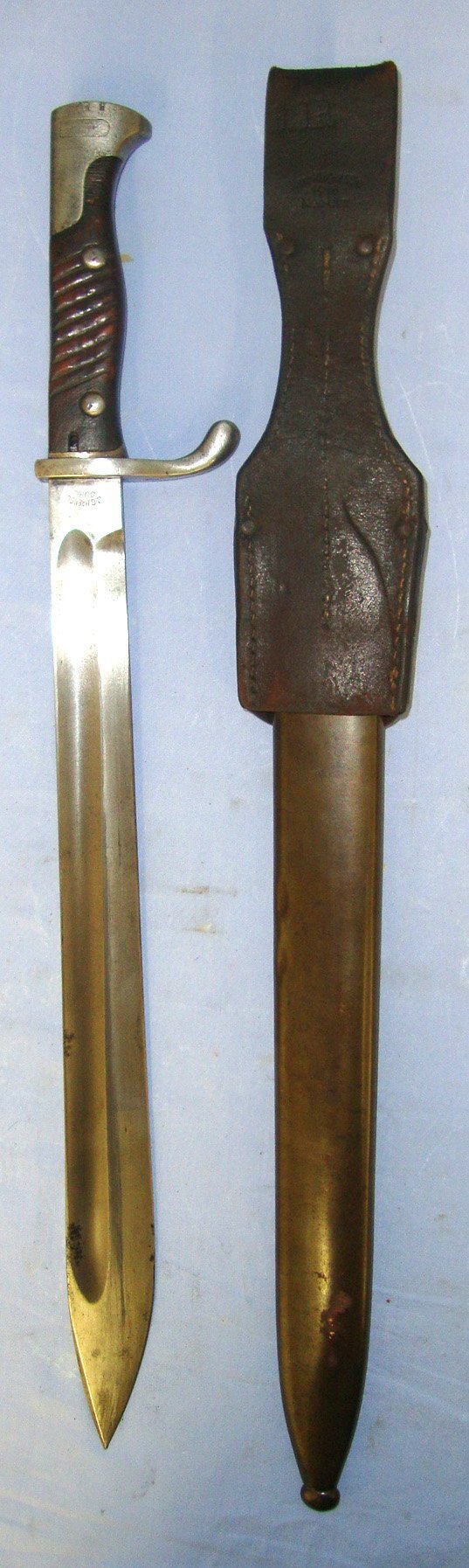  WW1 1915 Imperial German Haenel Model 98/05 'Butcher Bayonet' For Mauser Infantry Service Rifles & Steel Scabbard With 1916 Kern Klager & Cie Neu-Ulm Leather Frog Regiment Marked ‘6.J.R’ (6th Infantry Regiment). BAYO 501  Bayonet