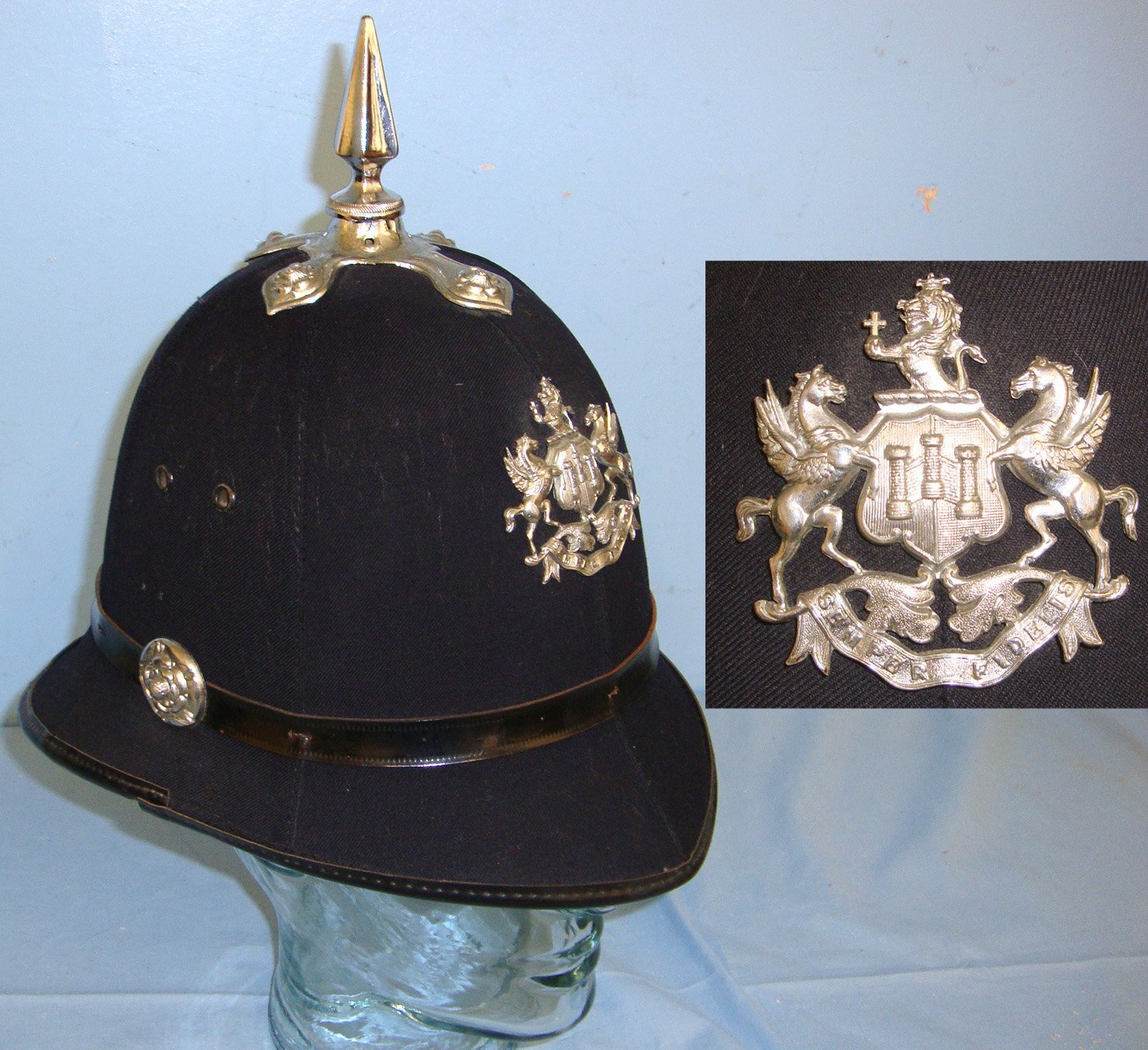 Early 1900s Exeter City Police Male Constable\'s & Sergeant\'s 6 Panel Spike Top Helmet By Christys London With Helmet Plate Size 6 1/2. POL 408  Antique & Militaria