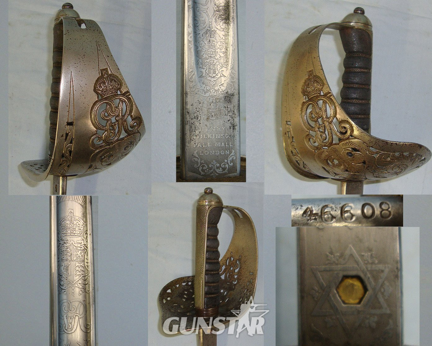 WW1 Era British WD 1897 Pattern Henry Wilkinson London Infantry Officer’s Sword With King George V Guard, Etched Blade Number 46608 & Leather Covered Field Service Scabbard. Sn 23633:5  Sword