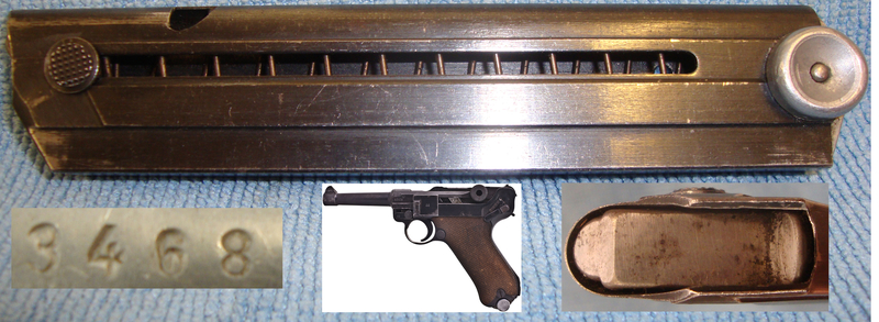 WWII Era Nazi German 8 Round Magazine with Correct Alloy Butt for the Luger P0 8 9mm Parabellum Semi Automatic Pistol. 19093. WWII Era Nazi German 8 Round Magazine with Correct Alloy Butt for the Luger P0 8 9mm Parabellum Semi Automatic Pistol. 19093.  Cartridges in 