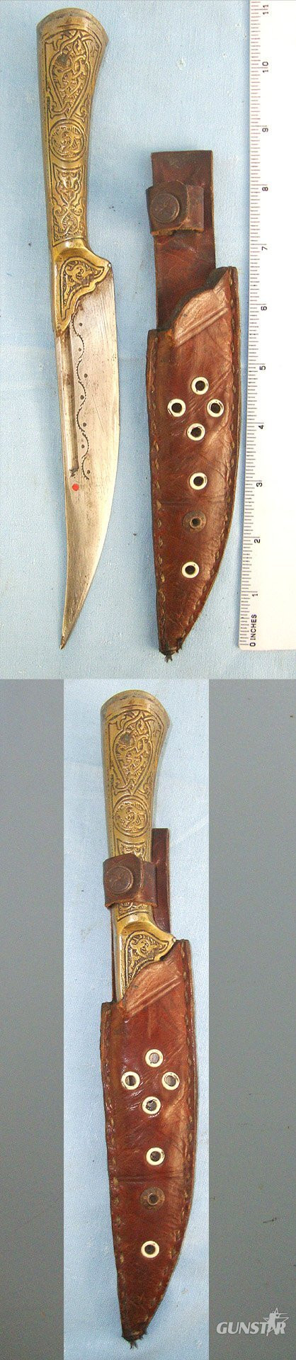 Late 1800's - Early 1900's, Arab / Syrian Jambiya Knife With Ornately Hand Tooled Brass Hilt, Hand Tooled Blade Decoration & Leather Scabbard. ED 3048 Dagger in 
