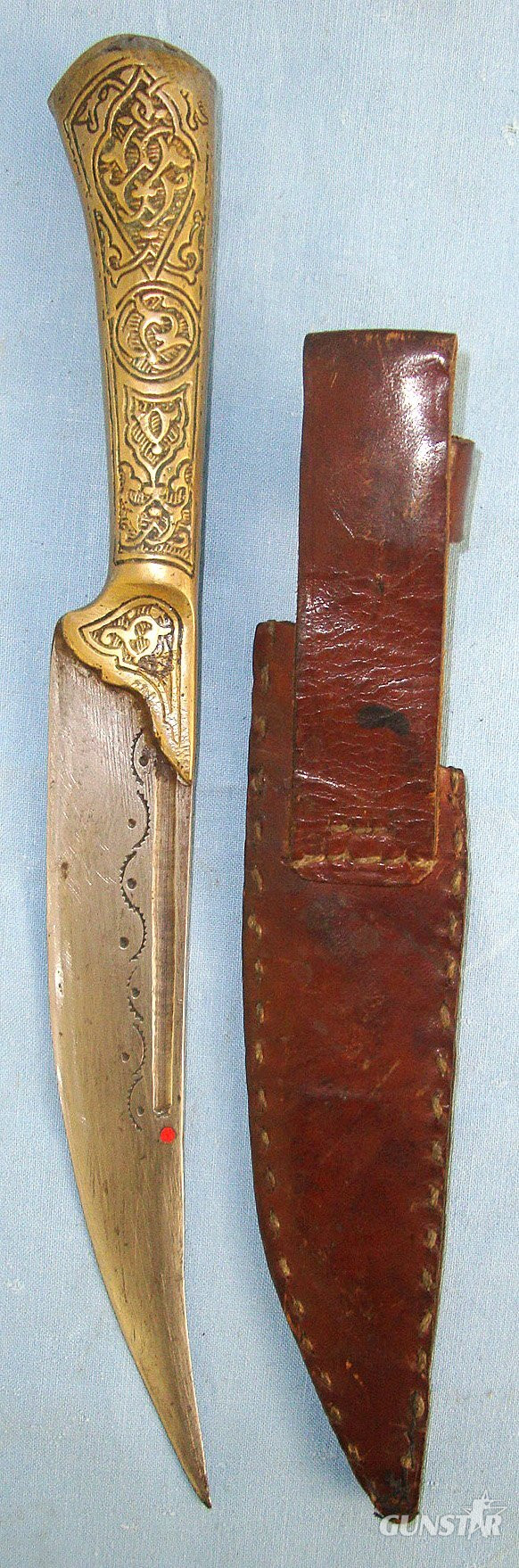  Late 1800's - Early 1900's, Arab / Syrian Jambiya Knife With Ornately Hand Tooled Brass Hilt, Hand Tooled Blade Decoration & Leather Scabbard. ED 3048 Dagger