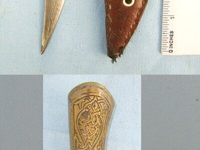 Late 1800's - Early 1900's, Arab / Syrian Jambiya Knife With Ornately Hand Tooled Brass Hilt, Hand Tooled Blade Decoration & Leather Scabbard. ED 3048 Dagger