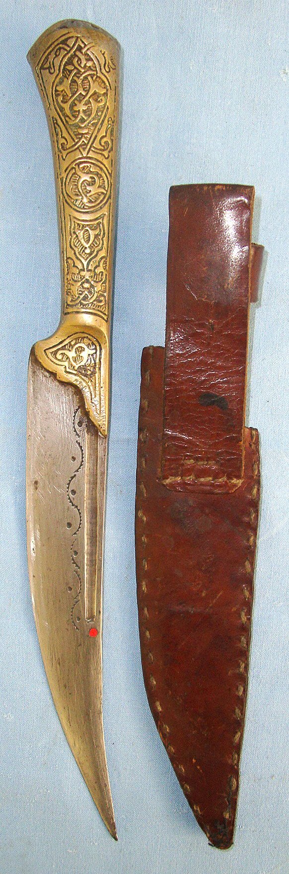  Late 1800's - Early 1900's, Arab / Syrian Jambiya Knife With Ornately Hand Tooled Brass Hilt, Hand Tooled Blade Decoration & Leather Scabbard. ED 3048 Dagger