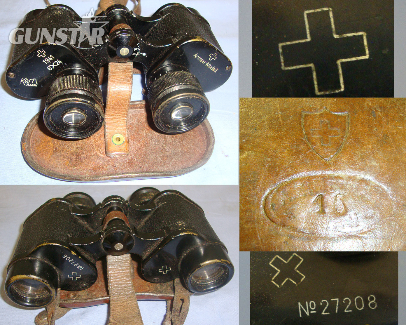 Cased, WW2 1941 Swiss Armee-Modell Kern Of ARRAU 6X24 Magnification Binoculars With Eye Piece Protector Cover, Leather Neck Strap, Uniform Attachment Tab & Correct Swiss Made Leather Case Inscribed ‘Kpt (Nazi German Kriegsmarine Kapitän ) Halfri 11/252  Sight & Optic