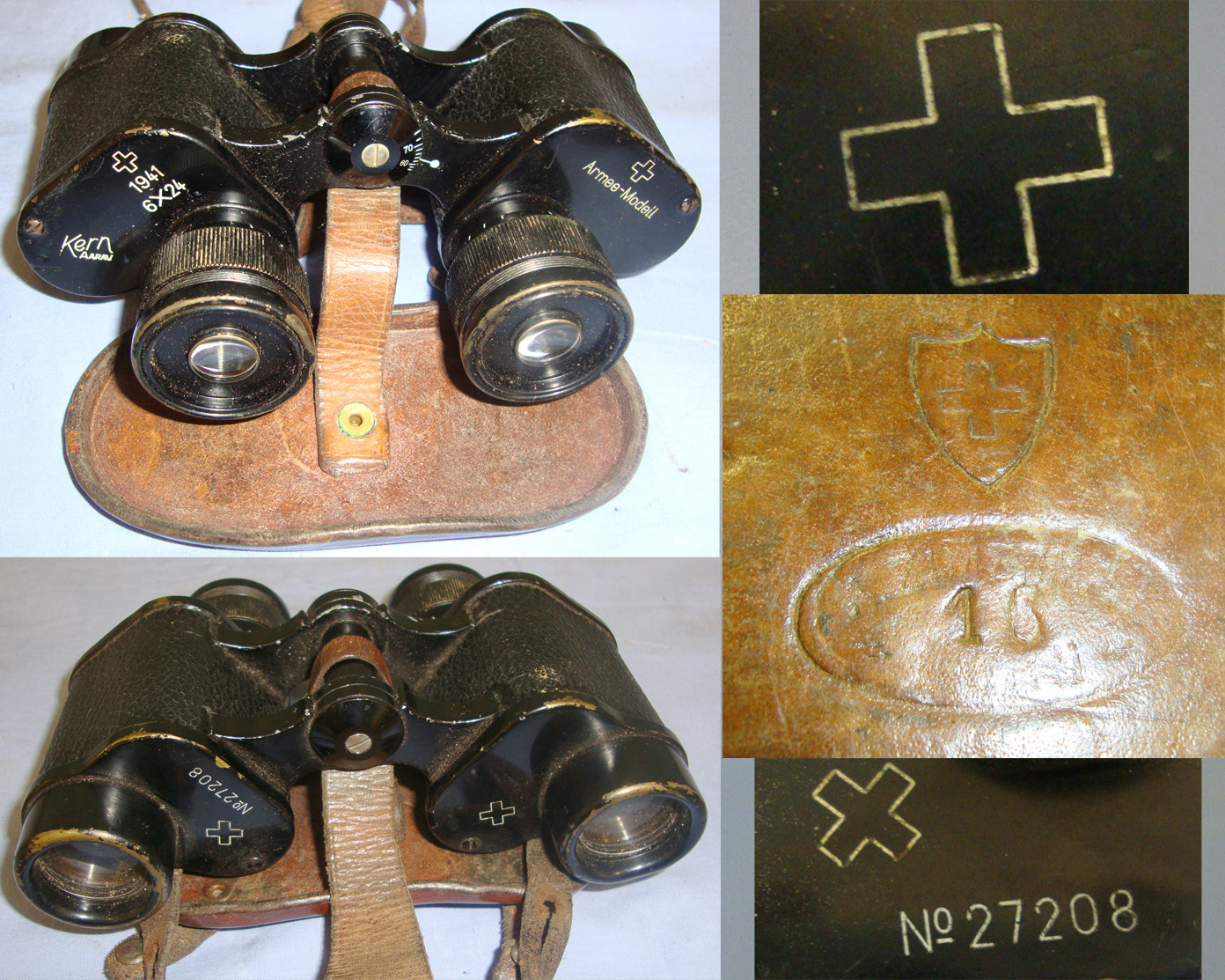 Cased, WW2 1941 Swiss Armee-Modell Kern Of ARRAU 6X24 Magnification Binoculars With Eye Piece Protector Cover, Leather Neck Strap, Uniform Attachment Tab & Correct Swiss Made Leather Case Inscribed ‘Kpt (Nazi German Kriegsmarine Kapitän ) Halfri 11/252  Sight & Optic