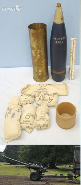 INERT DEACTIVATED. British 105MM Howitzer (105x371R) Drill, High Explosive (H.E) Round Including Inert Incremental Charge bags and M577 Percussion Nose Fuse. - O 1771 INERT DEACTIVATED. British 105MM Howitzer (105x371R) Drill, High Explosive (H.E) Round Including Inert Incremental Charge bags and M577 Percussion Nose Fuse. - O 1771  Other Ammunition in 