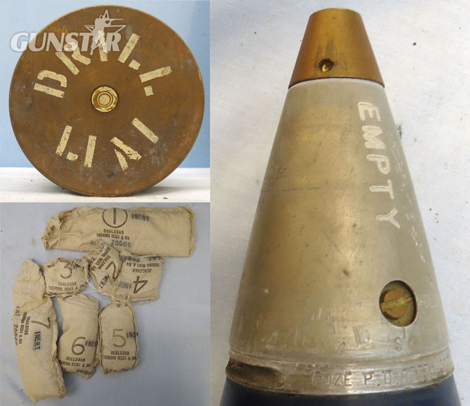INERT DEACTIVATED. British 105MM Howitzer (105x371R) Drill, High Explosive (H.E) Round Including Inert Incremental Charge bags and M577 Percussion Nose Fuse. - O 1771 INERT DEACTIVATED. British 105MM Howitzer (105x371R) Drill, High Explosive (H.E) Round Including Inert Incremental Charge bags and M577 Percussion Nose Fuse. - O 1771  Other Ammunition
