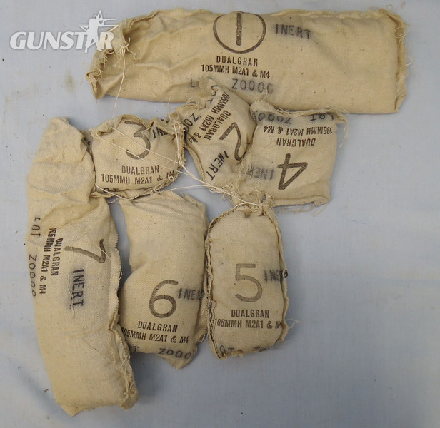 INERT DEACTIVATED. British 105MM Howitzer (105x371R) Drill, High Explosive (H.E) Round Including Inert Incremental Charge bags and M577 Percussion Nose Fuse. - O 1771 INERT DEACTIVATED. British 105MM Howitzer (105x371R) Drill, High Explosive (H.E) Round Including Inert Incremental Charge bags and M577 Percussion Nose Fuse. - O 1771  Other Ammunition - {CATEGORY} in 