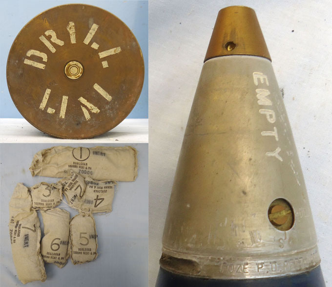 INERT DEACTIVATED. British 105MM Howitzer (105x371R) Drill, High Explosive (H.E) Round Including Inert Incremental Charge bags and M577 Percussion Nose Fuse. - O 1771 INERT DEACTIVATED. British 105MM Howitzer (105x371R) Drill, High Explosive (H.E) Round Including Inert Incremental Charge bags and M577 Percussion Nose Fuse. - O 1771  Other Ammunition
