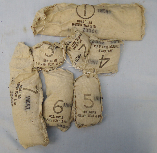 INERT DEACTIVATED. British 105MM Howitzer (105x371R) Drill, High Explosive (H.E) Round Including Inert Incremental Charge bags and M577 Percussion Nose Fuse. - O 1771 INERT DEACTIVATED. British 105MM Howitzer (105x371R) Drill, High Explosive (H.E) Round Including Inert Incremental Charge bags and M577 Percussion Nose Fuse. - O 1771  Other Ammunition - {CATEGORY} in 