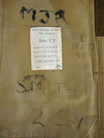 1949 Pattern British Coldstream Guards Battledress to Major Smith with Command Patch & Medal Ribbon, Size 17. U 369. 1949 Pattern British Coldstream Guards Battledress to Major Smith with Command Patch & Medal Ribbon, Size 17. U 369. Other Accessory