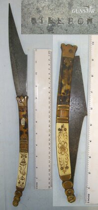 VERY LARGE**QUALITY**19th Century French Riberon Spanish Import Navaja Folding Fighting / Utility Knife With Maker Marked Sharp Scimitar Form Blade, Decorated Polished Horn & Brass Section Scales. Sn 22193 Knive in 