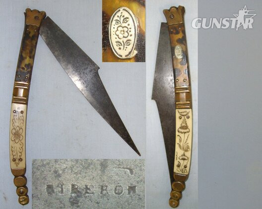 VERY LARGE**QUALITY**19th Century French Riberon Spanish Import Navaja Folding Fighting / Utility Knife With Maker Marked Sharp Scimitar Form Blade, Decorated Polished Horn & Brass Section Scales. Sn 22193 Knive
