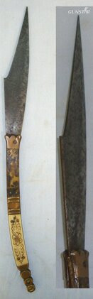  VERY LARGE**QUALITY**19th Century French Riberon Spanish Import Navaja Folding Fighting / Utility Knife With Maker Marked Sharp Scimitar Form Blade, Decorated Polished Horn & Brass Section Scales. Sn 22193 Knive
