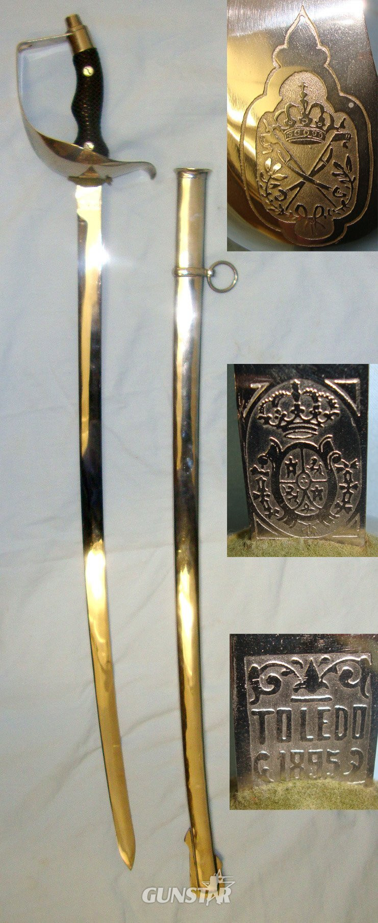 MINT**Spanish Model 1895 Mounted Carabineros Cavalry (Civil Guard) Officer’s Sword With Toledo Blade Etched Crossed Swords Guard & Scabbard. Sn 22441:10 Sword in 