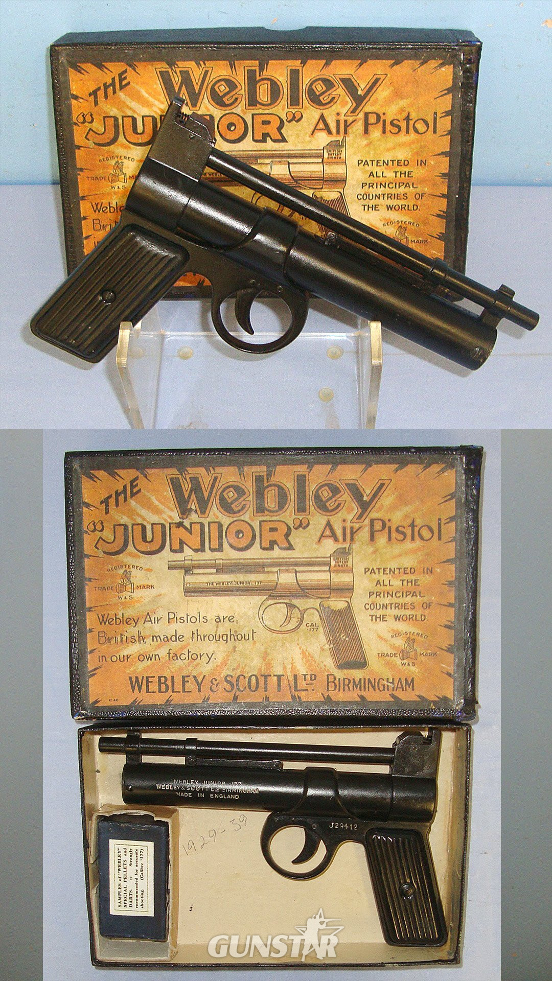 MATCHING NUMBERS** Boxed 1930's Webley Junior .177 Calibre Air Pistol With Tin Plate Grips. Sn 23484:32 air pistol .177