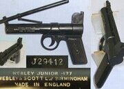 MATCHING NUMBERS** Boxed 1930's Webley Junior .177 Calibre Air Pistol With Tin Plate Grips. Sn 23484:32 air pistol .177