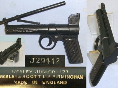 MATCHING NUMBERS** Boxed 1930's Webley Junior .177 Calibre Air Pistol With Tin Plate Grips. Sn 23484:32 air pistol .177