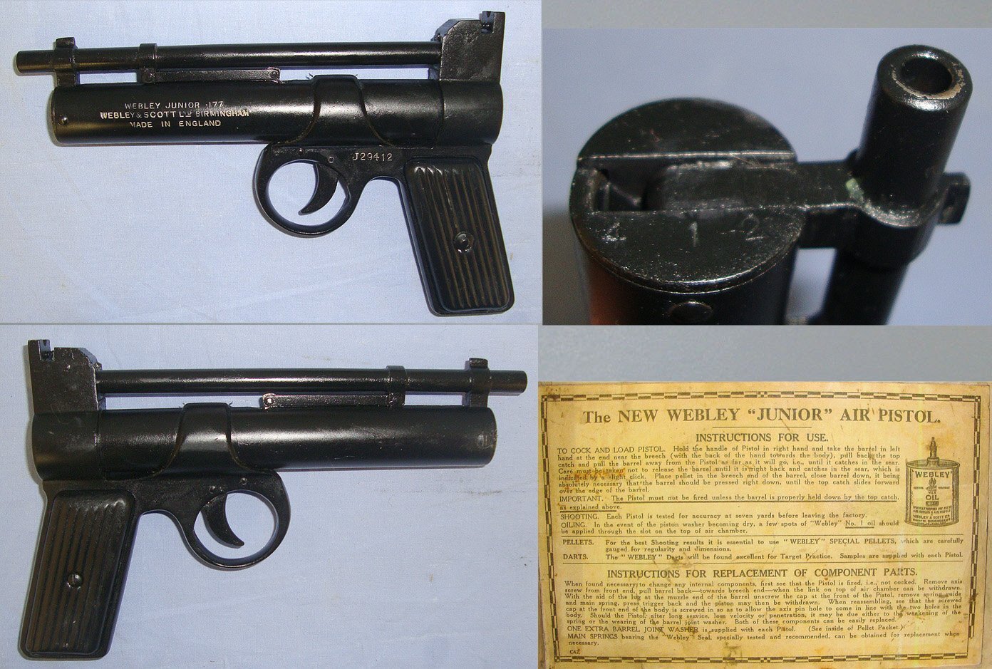  MATCHING NUMBERS** Boxed 1930's Webley Junior .177 Calibre Air Pistol With Tin Plate Grips. Sn 23484:32 air pistol .177