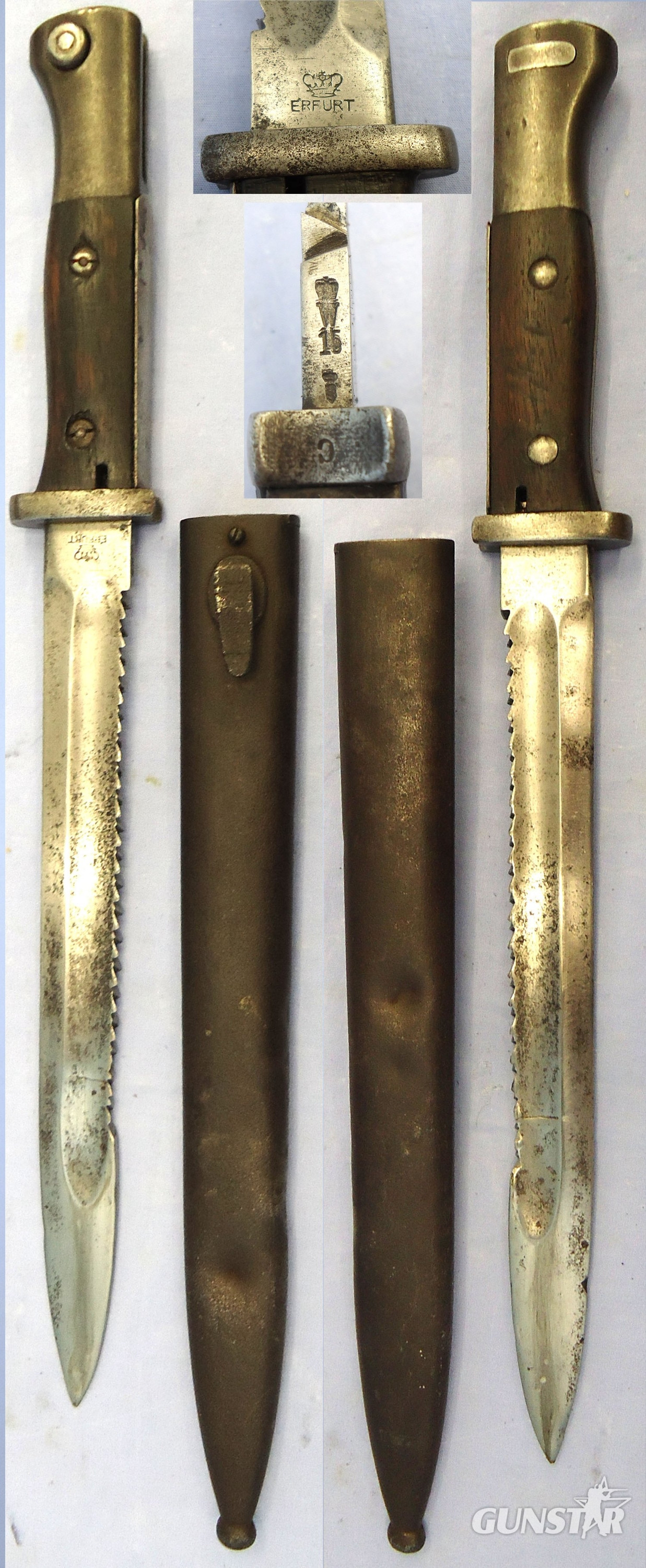 Imperial German. WW1, 1915 Dated, Model 1884/98 Sawback Bayonet Complete with Steel Scabbard, Leather Frog & Knot by Erfurt. Sn 23478:66  Bayonet in 