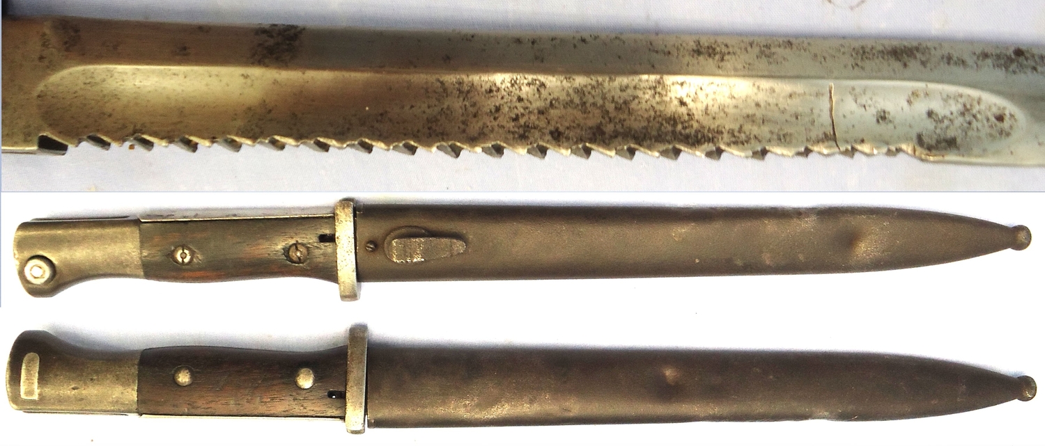 Imperial German. WW1, 1915 Dated, Model 1884/98 Sawback Bayonet Complete with Steel Scabbard, Leather Frog & Knot by Erfurt. Sn 23478:66  Bayonet
