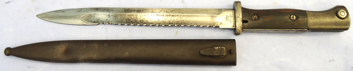 Imperial German. WW1, 1915 Dated, Model 1884/98 Sawback Bayonet Complete with Steel Scabbard, Leather Frog & Knot by Erfurt. Sn 23478:66  Bayonet - {CATEGORY}