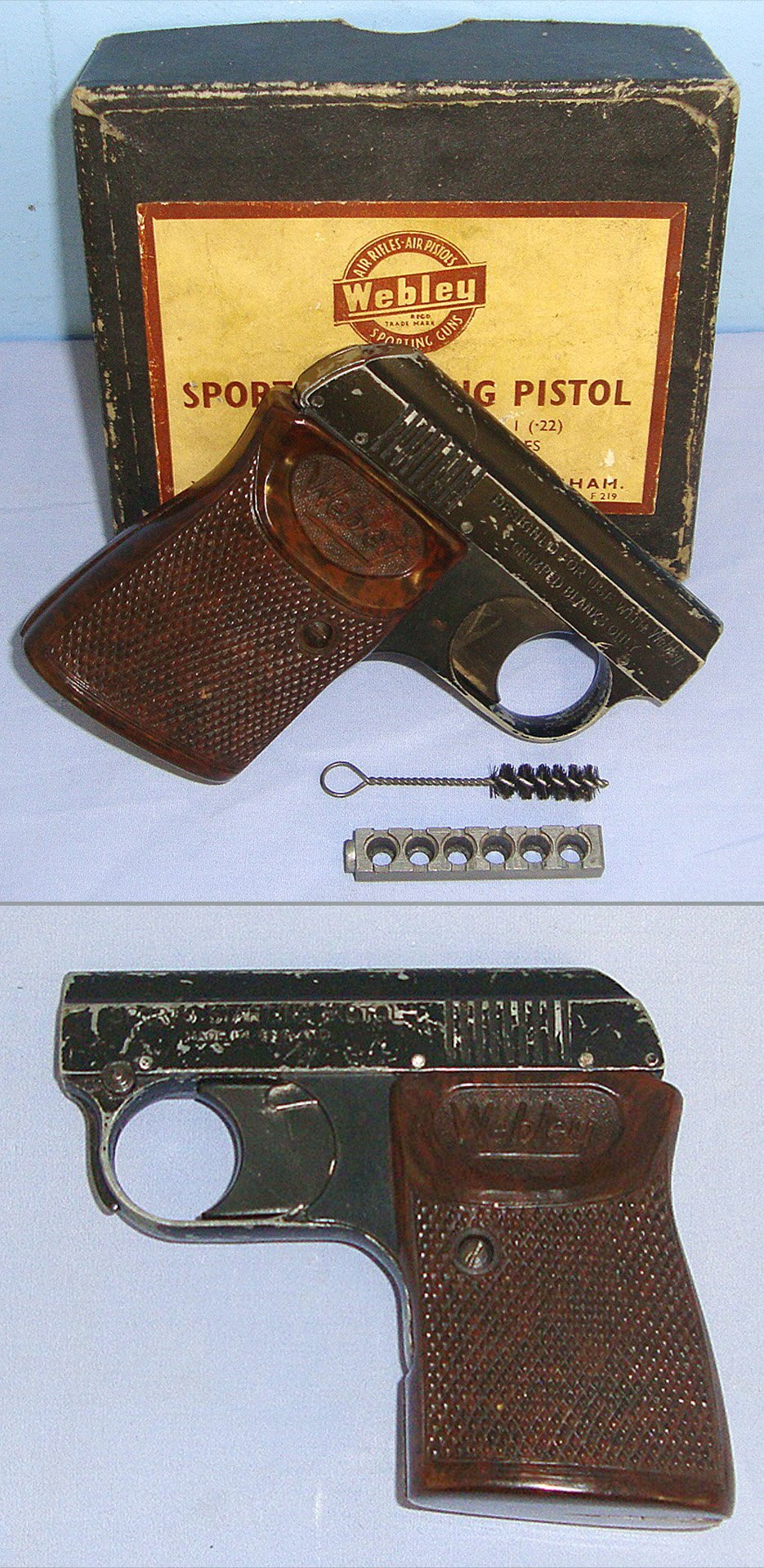 1950’s Boxed Blank Firing Webley .22 (6mm) Blank Calibre ‘Sports Starting Pistol’ With Original 6 Round Magazine & Cleaning Brush. Sn 23620 blank firer .22 Semi Auto in 