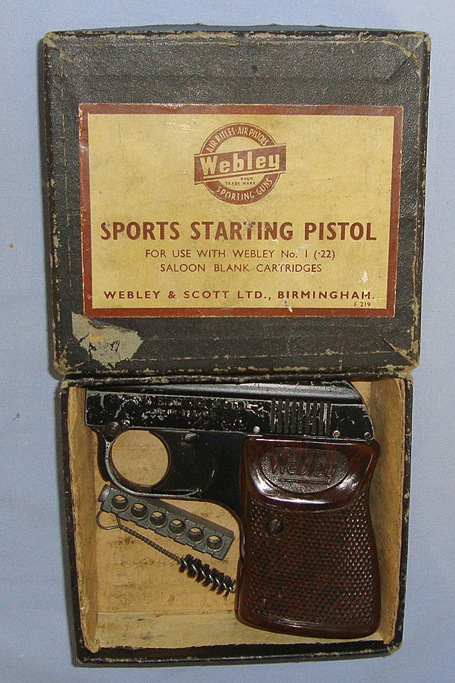  1950’s Boxed Blank Firing Webley .22 (6mm) Blank Calibre ‘Sports Starting Pistol’ With Original 6 Round Magazine & Cleaning Brush. Sn 23620 blank firer .22 Semi Auto