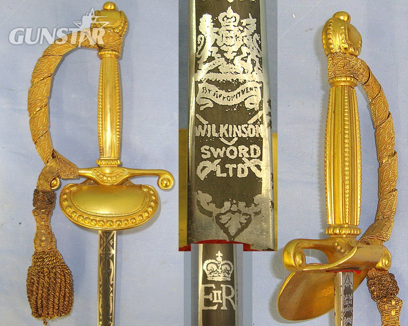 MINT**Post 1952 British Wilkinson Sword Ltd QE II Royal Household Clam Shell Court Sword With Blued & Etched Panels Blade, Gilt Hilt Fitted With Bullion Cord & Portepee & Scabbard. Sn 23573 Sword