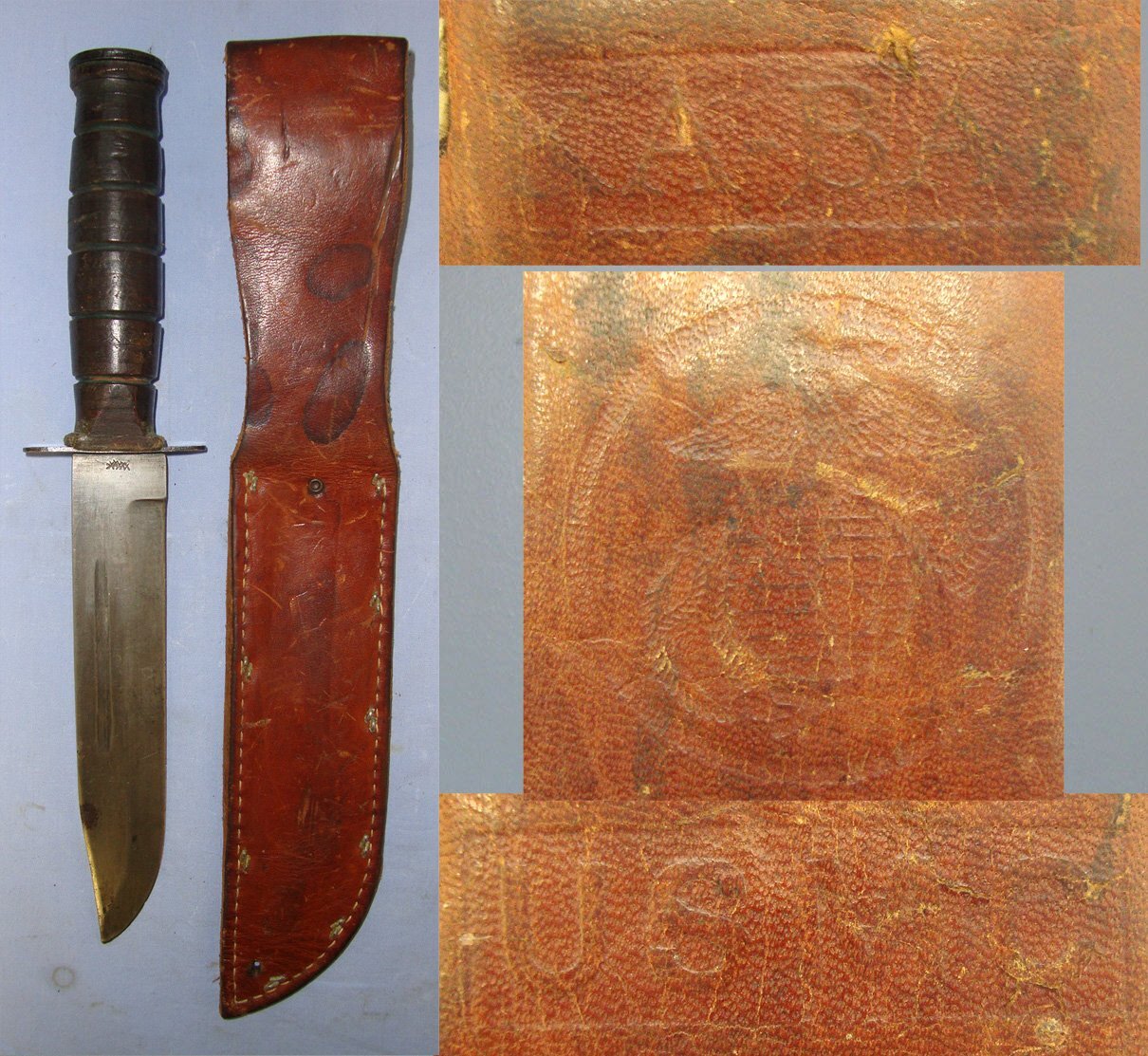  WW2 1943 US Army Ka-Bar Fighting Knife With Original USMC (United States Marine Corps) Leather Scabbard. ED 3031 Knive