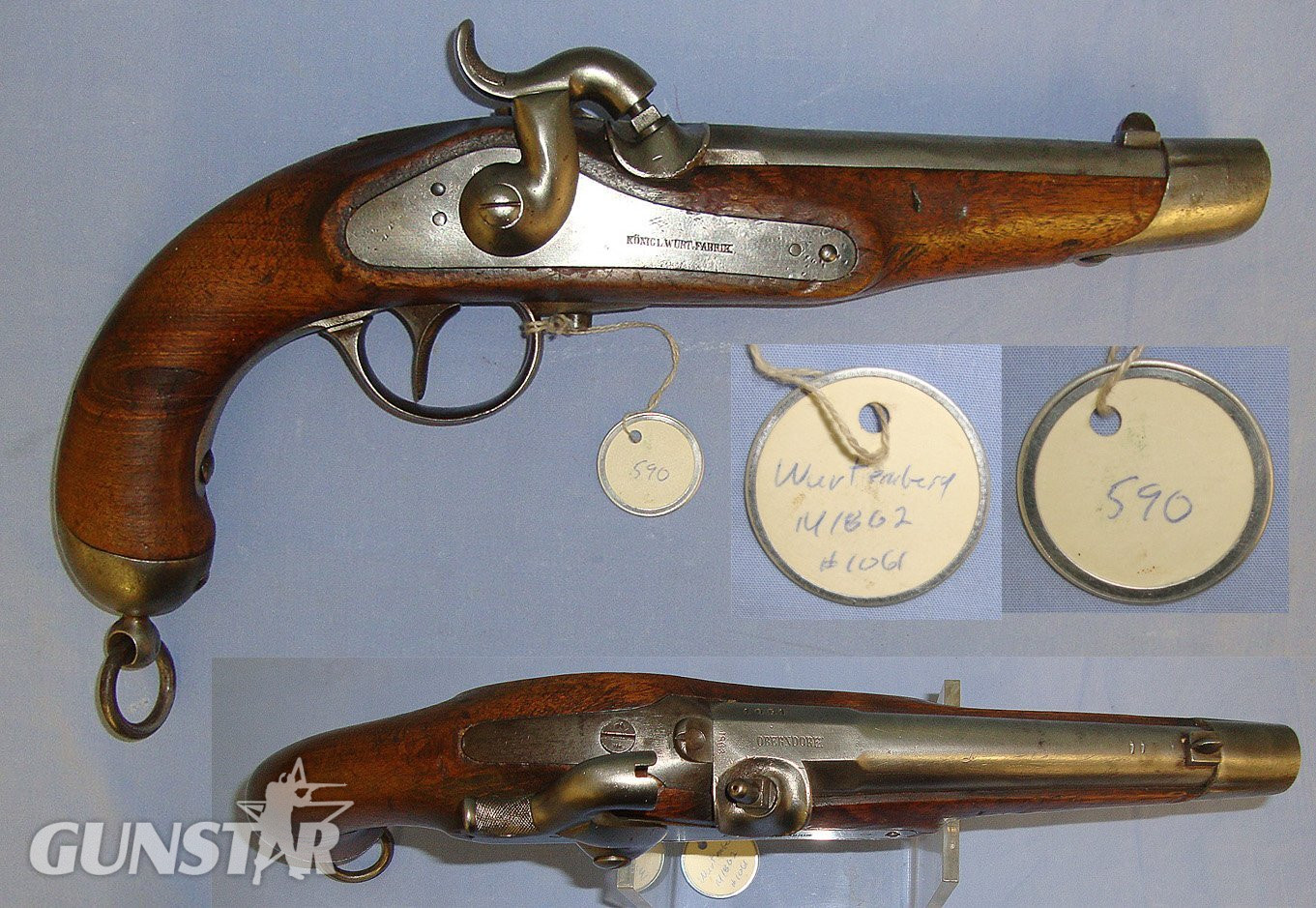 1863 Dated Imperial German Imperial German Koniglich Wurttrfabrik (Wurttemberg Royal Arsenal) Model 1816 / 40 28 Bore Percussion Cavalry Pistol With Rifled Barrel Dragoon Regiment Marked ’25.D.E’ Gun Number 590  From The Robert Brooker Jr Collection. Sn  23129 None Muzzleloader in 