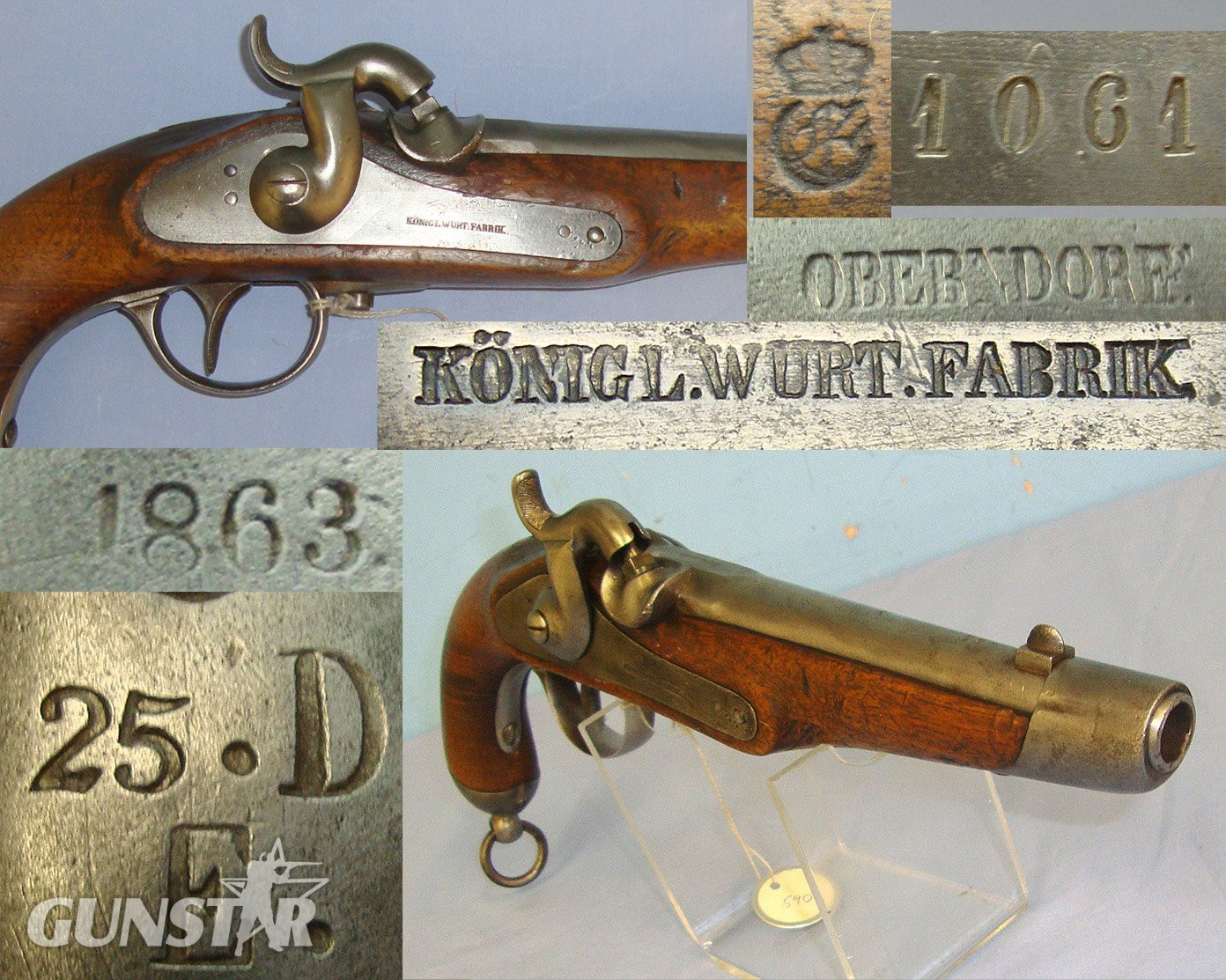 1863 Dated Imperial German Imperial German Koniglich Wurttrfabrik (Wurttemberg Royal Arsenal) Model 1816 / 40 28 Bore Percussion Cavalry Pistol With Rifled Barrel Dragoon Regiment Marked ’25.D.E’ Gun Number 590  From The Robert Brooker Jr Collection. Sn  23129 None Muzzleloader