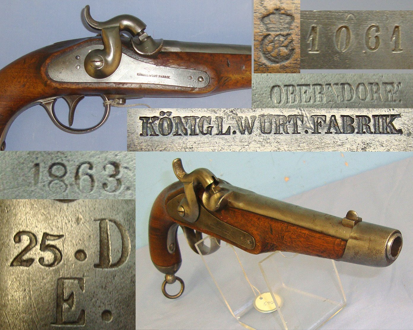 1863 Dated Imperial German Imperial German Koniglich Wurttrfabrik (Wurttemberg Royal Arsenal) Model 1816 / 40 28 Bore Percussion Cavalry Pistol With Rifled Barrel Dragoon Regiment Marked ’25.D.E’ Gun Number 590  From The Robert Brooker Jr Collection. Sn  23129 None Muzzleloader