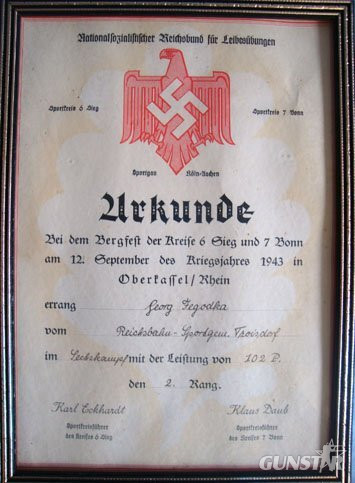 An Original WW2 German N.S.R.B.L. National Socialist League of the Reich for Physical Exercise Certificate For Sporting Attainment Issued To Georg Fegodka and dated 1943. - 11543:2 An Original WW2 German N.S.R.B.L. National Socialist League of the Reich for Physical Exercise Certificate For Sporting Attainment Issued To Georg Fegodka and dated 1943. - 11543:2 Antique & Militaria in 