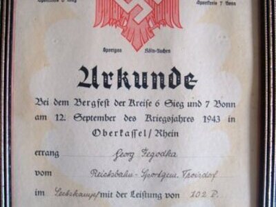 An Original WW2 German N.S.R.B.L. National Socialist League of the Reich for Physical Exercise Certificate For Sporting Attainment Issued To Georg Fegodka and dated 1943. - 11543:2 An Original WW2 German N.S.R.B.L. National Socialist League of the Reich for Physical Exercise Certificate For Sporting Attainment Issued To Georg Fegodka and dated 1943. - 11543:2 Antique & Militaria