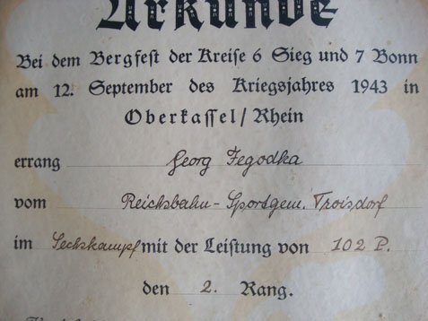 An Original WW2 German N.S.R.B.L. National Socialist League of the Reich for Physical Exercise Certificate For Sporting Attainment Issued To Georg Fegodka and dated 1943. - 11543:2 An Original WW2 German N.S.R.B.L. National Socialist League of the Reich for Physical Exercise Certificate For Sporting Attainment Issued To Georg Fegodka and dated 1943. - 11543:2 Antique & Militaria