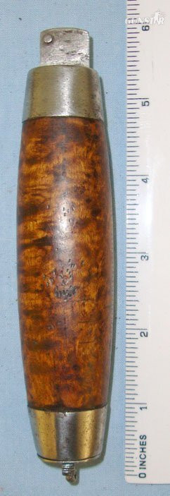 1874 Dated Johan Engström Eskilstuna Sweden Curly Birch Barrel Knife With Concealed Folding Steel Blade. Sn 15908:5. Hunting Knive in 