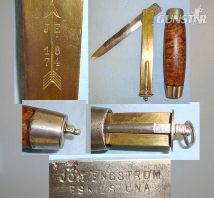 1874 Dated Johan Engström Eskilstuna Sweden Curly Birch Barrel Knife With Concealed Folding Steel Blade. Sn 15908:5. Hunting Knive