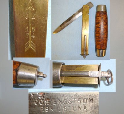 1874 Dated Johan Engström Eskilstuna Sweden Curly Birch Barrel Knife With Concealed Folding Steel Blade. Sn 15908:5. Hunting Knive