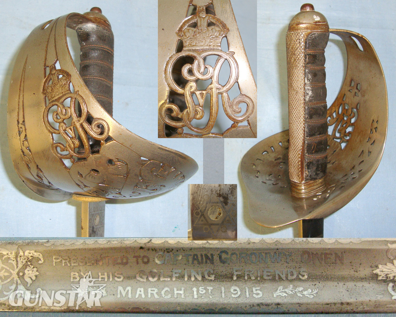 NAMED**WW1 Era British George V 1897 Pattern Sword With Presentation Etched Blade ‘Presented To Captain Goronwy Owen By His Golfing Friends March 1st 1915’ (Lieutenant-Colonel Goronwy Owen DSO & Twice Mentioned In Despatches 15th Royal Welch Fusiliers Sword