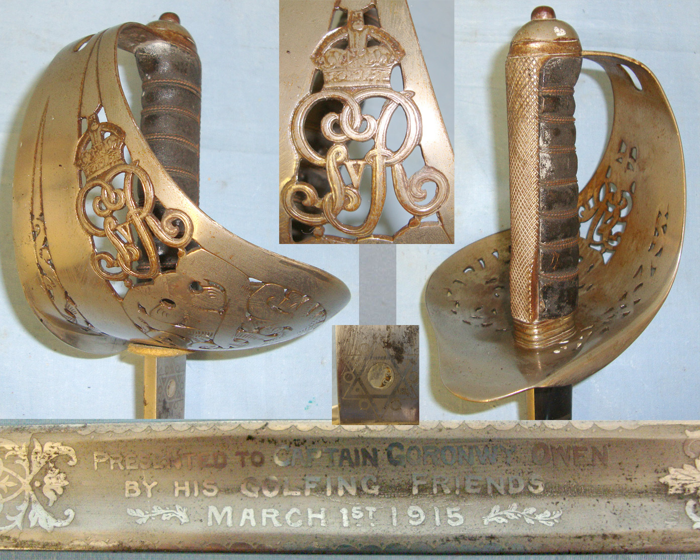 NAMED**WW1 Era British George V 1897 Pattern Sword With Presentation Etched Blade ‘Presented To Captain Goronwy Owen By His Golfing Friends March 1st 1915’ (Lieutenant-Colonel Goronwy Owen DSO & Twice Mentioned In Despatches 15th Royal Welch Fusiliers Sword