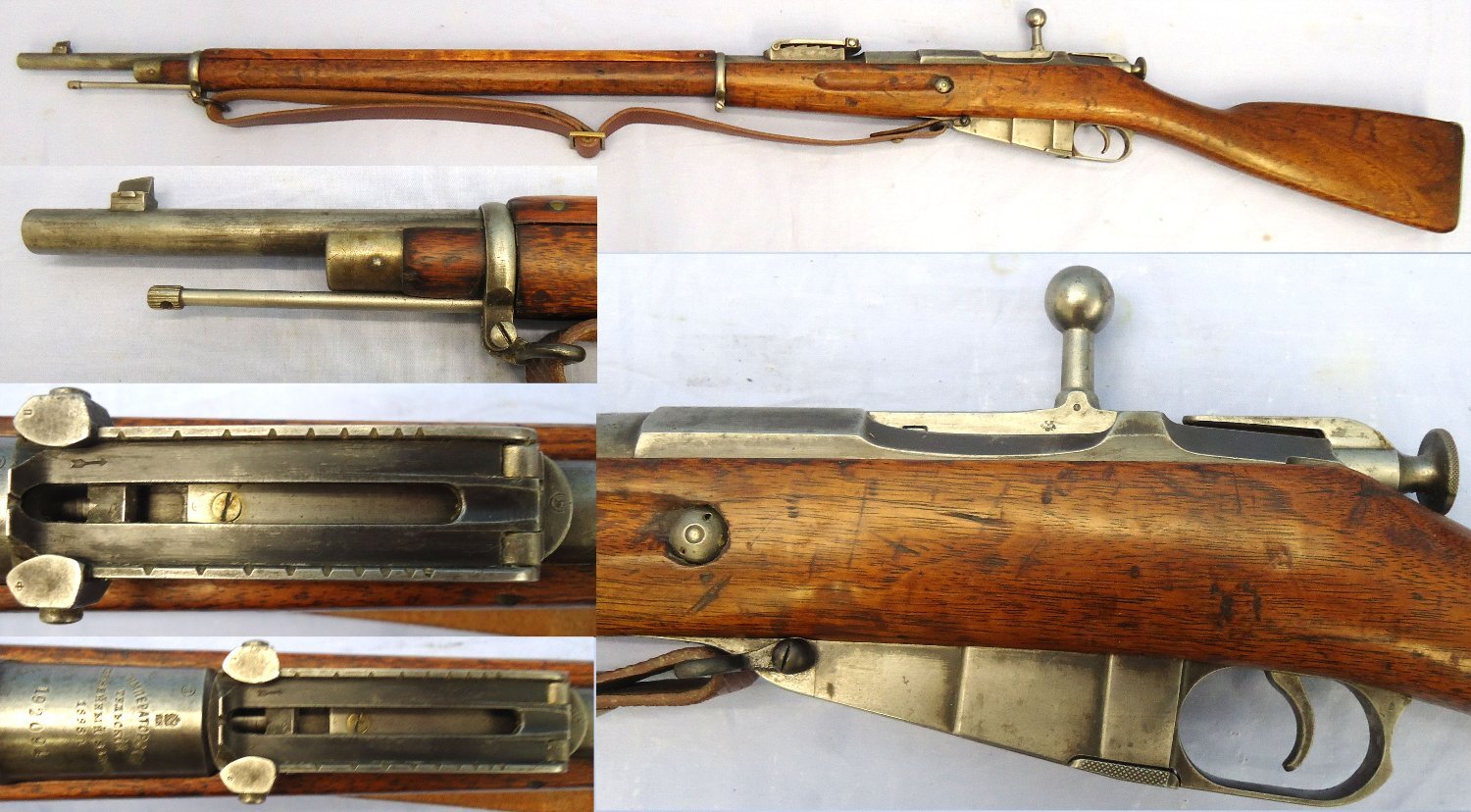 mperial Russian, 1898 Dated, Tula Arsenal, Mosin Nagant, Model 91, 7.62mm Calibre Bolt Action Rifle & Leather Sling. **UK 2008 DEACTIVATION CERTIFICATED** Sn 23484:31 The Mosin–Nagant is a five-shot, bolt-action, internal magazine-fed, military rifle, developed by the Imperial Russian Army in 1882–91, and used by the armed forces of the Russian Empire. Imperial Tula Arms Plant is a Russian weapons manufacturer foun Bolt Action Various Rifle