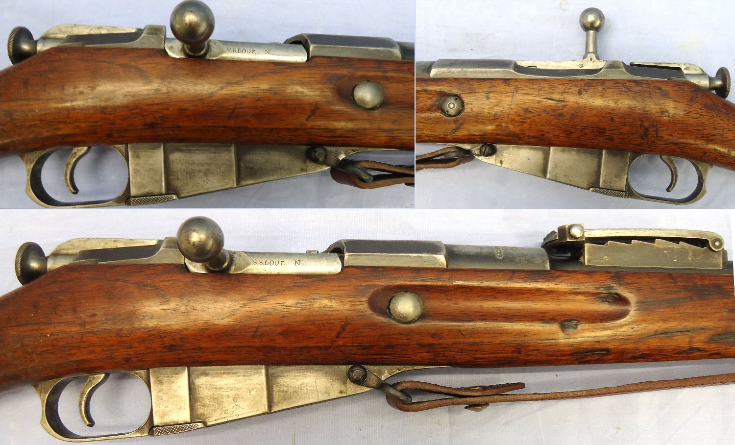  mperial Russian, 1898 Dated, Tula Arsenal, Mosin Nagant, Model 91, 7.62mm Calibre Bolt Action Rifle & Leather Sling. **UK 2008 DEACTIVATION CERTIFICATED** Sn 23484:31 The Mosin–Nagant is a five-shot, bolt-action, internal magazine-fed, military rifle, developed by the Imperial Russian Army in 1882–91, and used by the armed forces of the Russian Empire. Imperial Tula Arms Plant is a Russian weapons manufacturer foun Bolt Action Various Rifle
