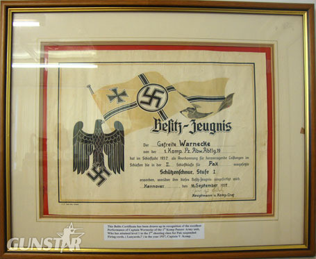 WW2, 1937 Dated, German Shooting Certificate An Original Large Framed WW2, 1937 Dated, German Shooting Certificate with Engli Other Accessory in 
